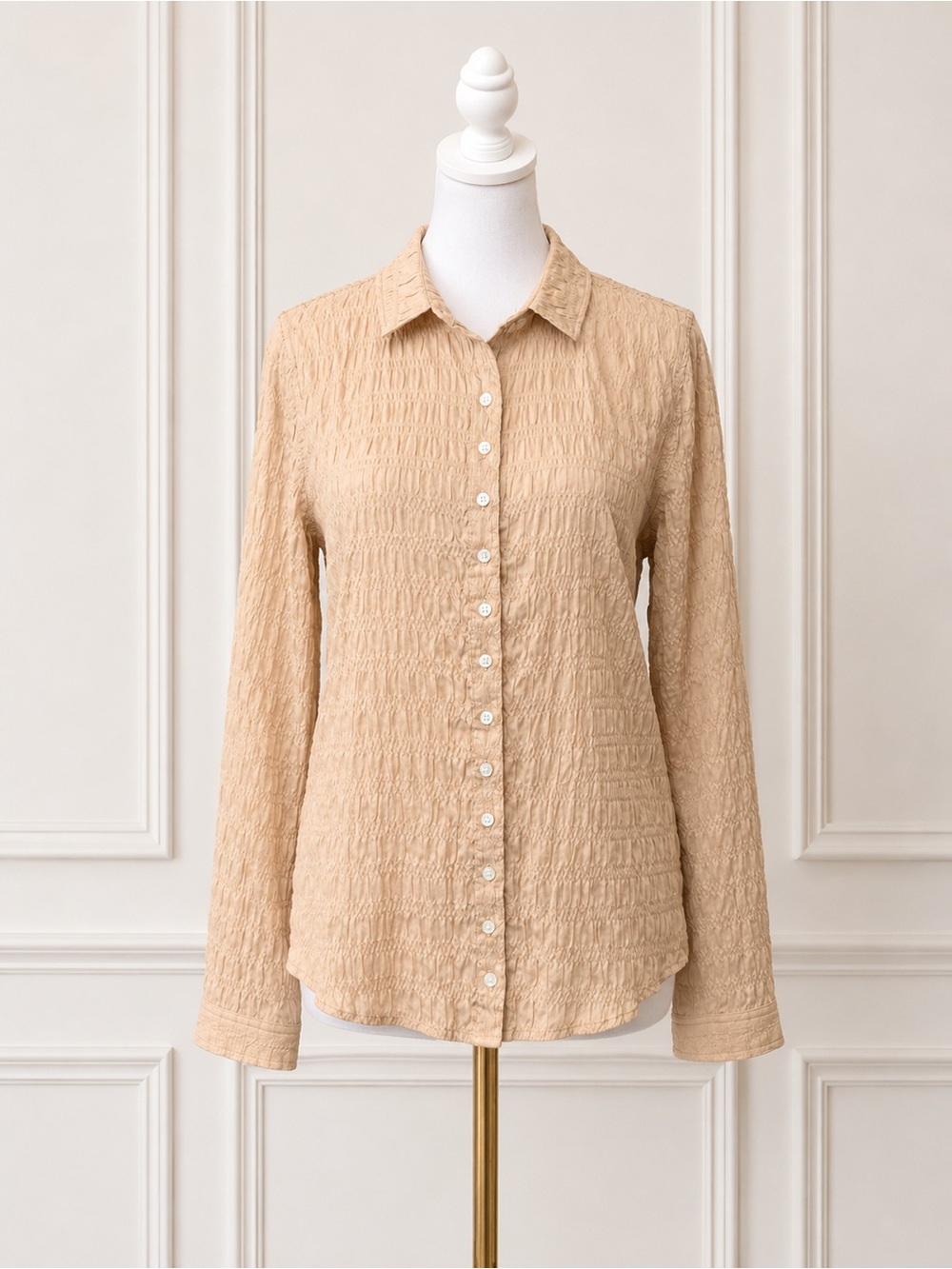 EVERLANE The Smocked Shirt Hazel Textured Button Front Long Sleeve Size 8